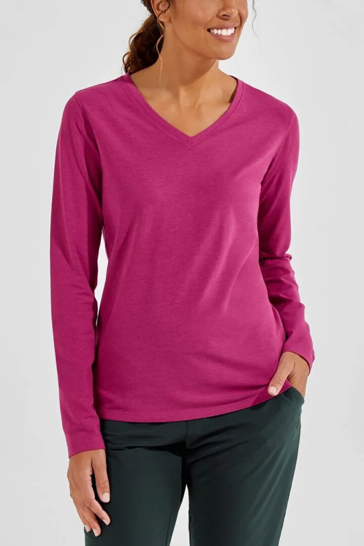 Coolibar - UV Everyday Deep V-Neck Shirt for women - Long sleeve - Morada - Solid - Warm Angelica 