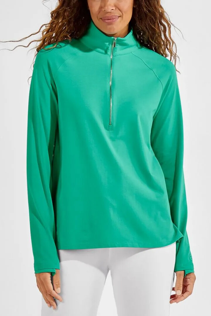 Coolibar - UV Pullover with Quarter Zip for women - Coconut Keys - Solid - Emerald Mint 