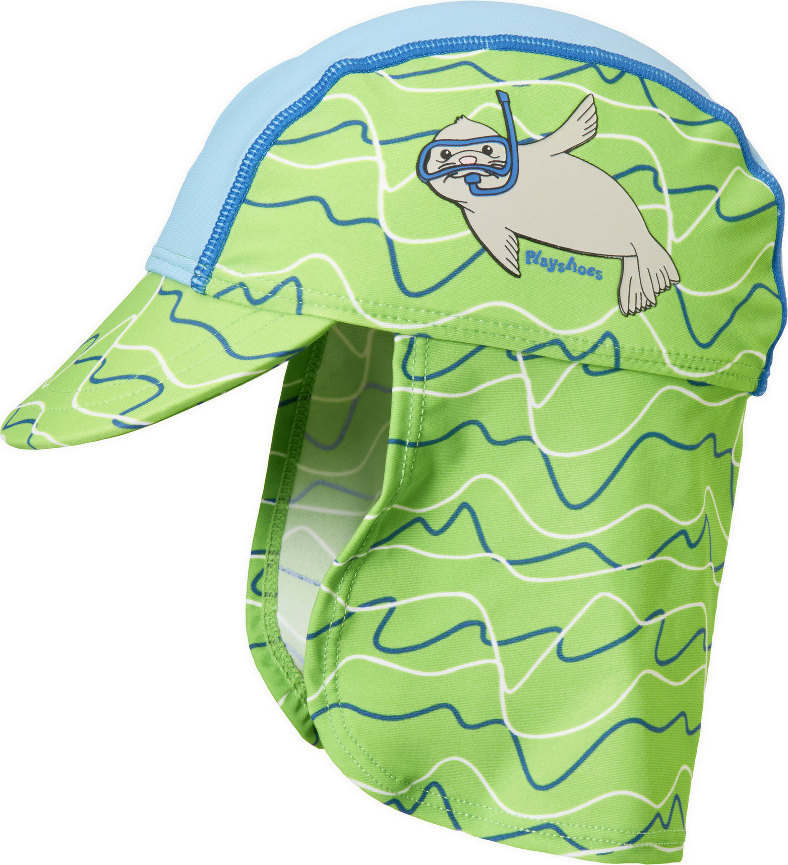 Playshoes - UV sun cap with neck flap for kids - seal - blue/green 