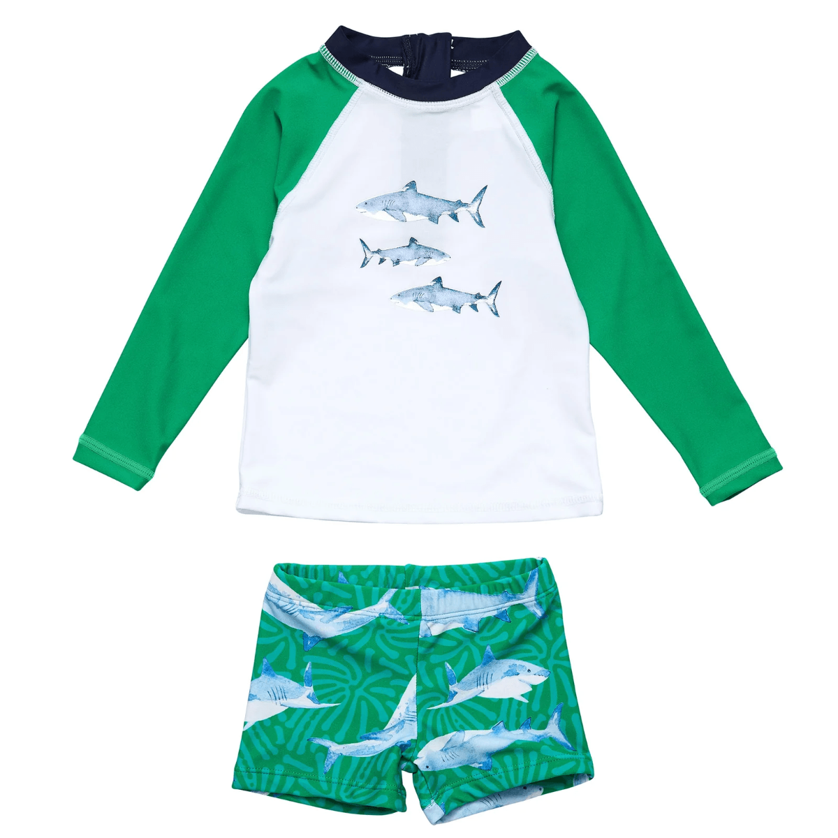 Snapper Rock - UV Swimset for babies and kids - Long sleeve - UPF50+ - Reef Shark - Green/White