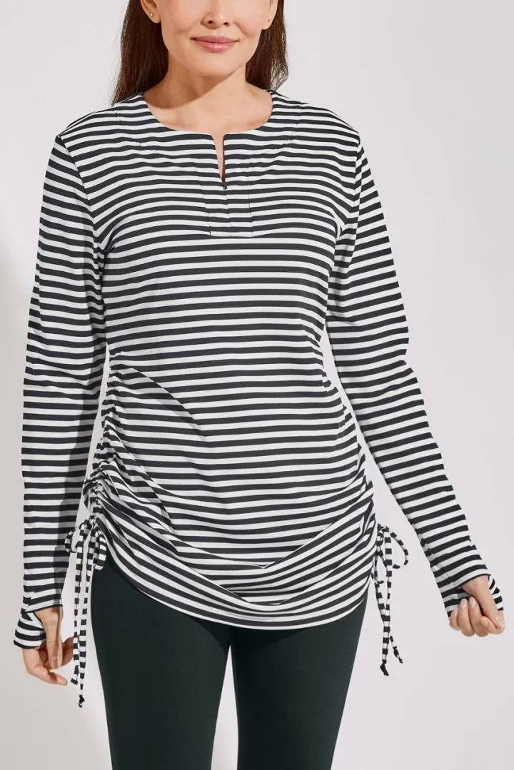 Barmhjertige Skjult Bærecirkel Coolibar - UV Swim Shirt for women - Hokulani Ruche - Stripe - Black/White  | UV-Fashions