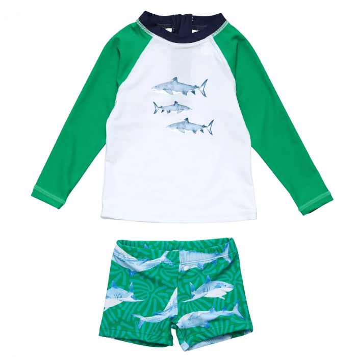 Snapper Rock - UV Swimset for babies and kids - Long sleeve - UPF50+ - Reef Shark - Green/White
