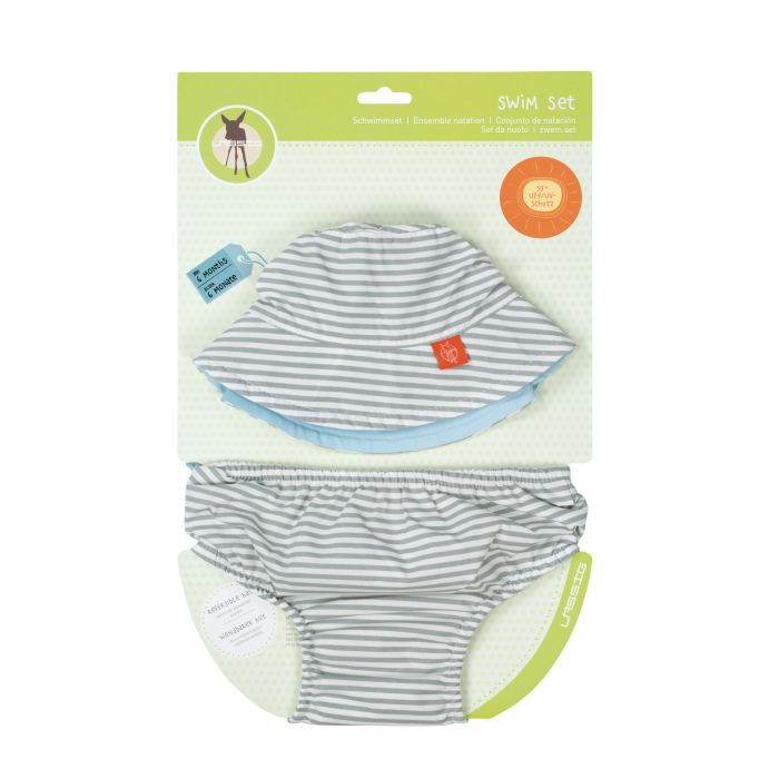 Lässig - UV set including swim diaper and beach hat - Striped - Gray