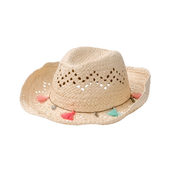 Snapper Rock - Straw hat Cowgirl - Pink / Coral / Aqua blue fringes