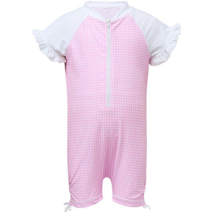 Snapper Rock - UV Swimsuit with short sleeves - Pink Gingham - Pink/White