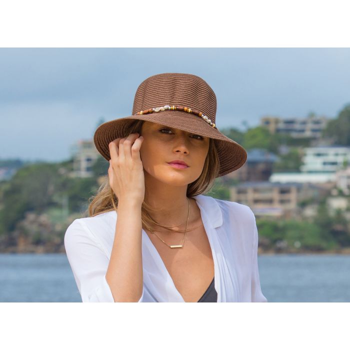 Rigon - UV bucket hat for women with beads - Pinecone brown