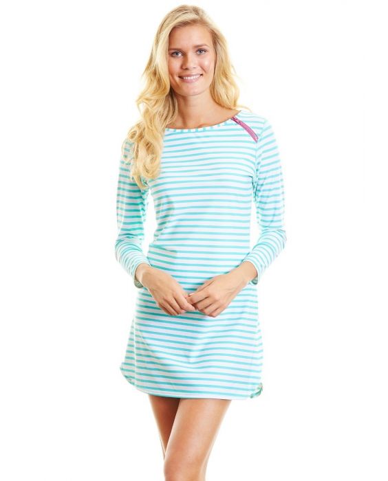 Cabana Life - UPF 50+ Zipper Swim Dress-Green Stripe-Large