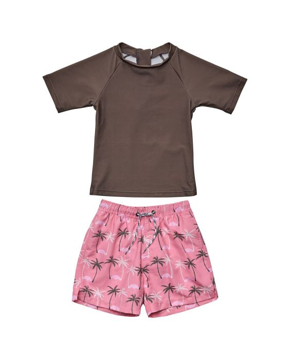 Snapper Rock - UV Swimset for babies - Short sleeve - Palm Paradise - Brown/Pink