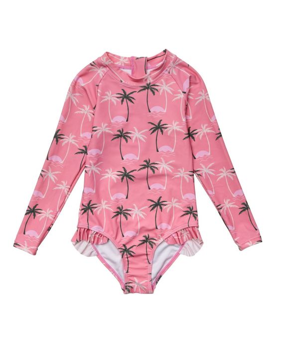 Snapper Rock - UV Swimsuit for girls - Long sleeve - Palm Paradise - Pink