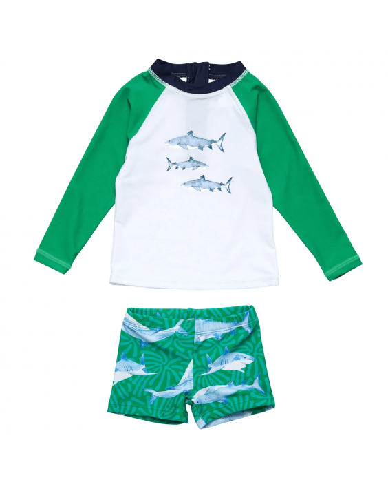 Snapper Rock - UV Swimset for babies and kids - Long sleeve - UPF50+ - Reef Shark - Green/White