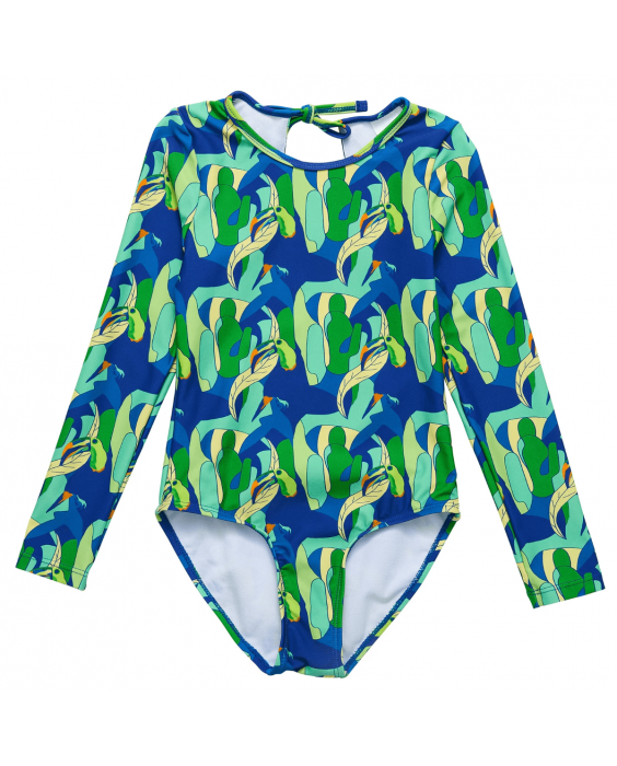 Snapper Rock - UV Swimsuit for girls - Long sleeve - UPF50+ - Toucan Jungle - Green/Blue