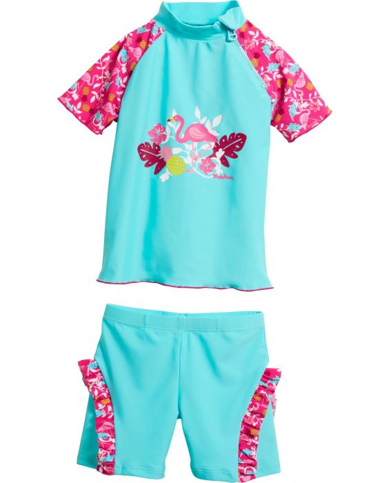 Playshoes - UV swimsuit two-piece for girls - Flamingo - Aqua / pink - Front