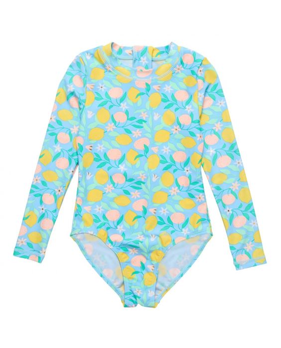 Snapper Rock - UV Swimsuit for girls - Long sleeve - UPF50+ - Lemon Drops - Blue/Yellow